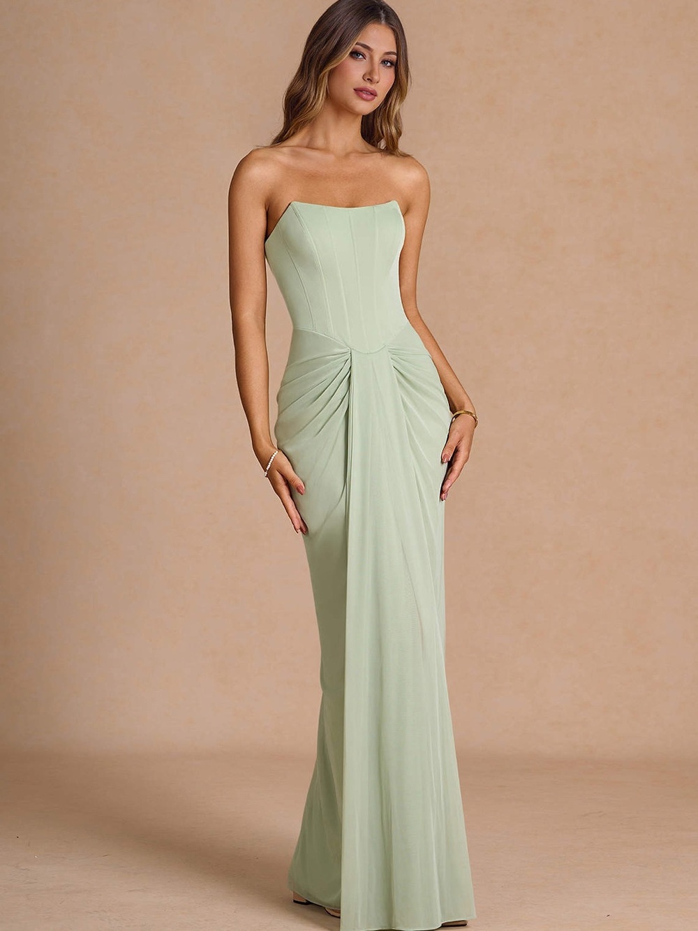 Strapless Light Sage Evening Gown